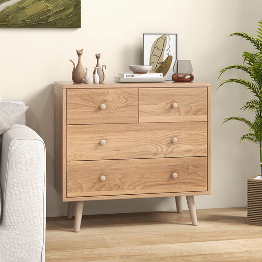 4-Drawer Wood Dresser Cabinet with Rubberwood Legs and Smooth Glide Rails – Natural