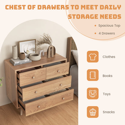 4-Drawer Wood Dresser Cabinet with Rubberwood Legs and Smooth Glide Rails – Natural