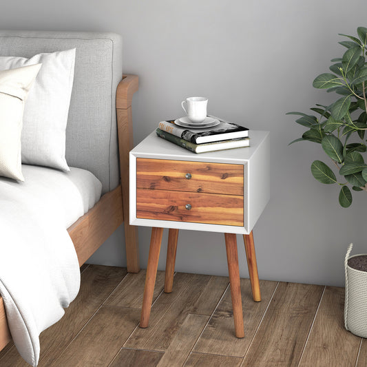 Mid Century Wooden Nightstand with Two Drawers - White & Brown