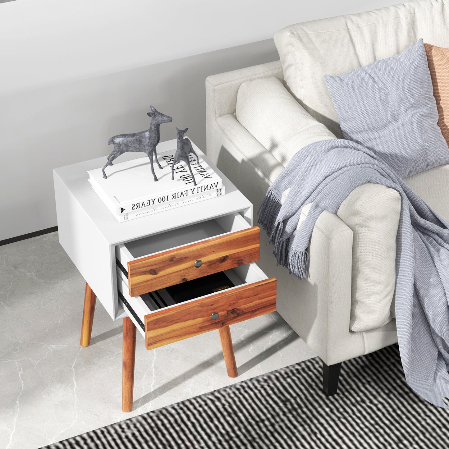 Mid Century Wooden Nightstand with Two Drawers - White & Brown