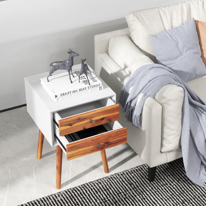 Mid Century Wooden Nightstand with Two Drawers - White & Brown