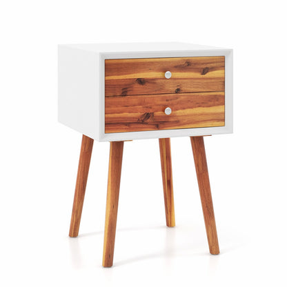 Mid Century Wooden Nightstand with Two Drawers - White & Brown
