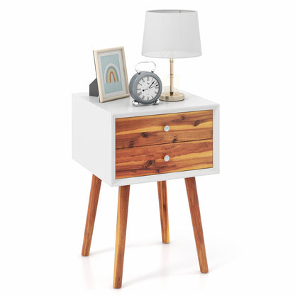 Mid Century Wooden Nightstand with Two Drawers - White & Brown