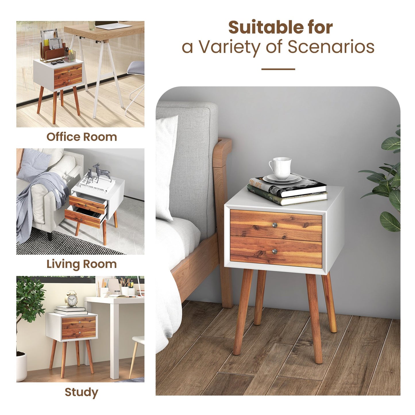 Mid Century Wooden Nightstand with Two Drawers - White & Brown