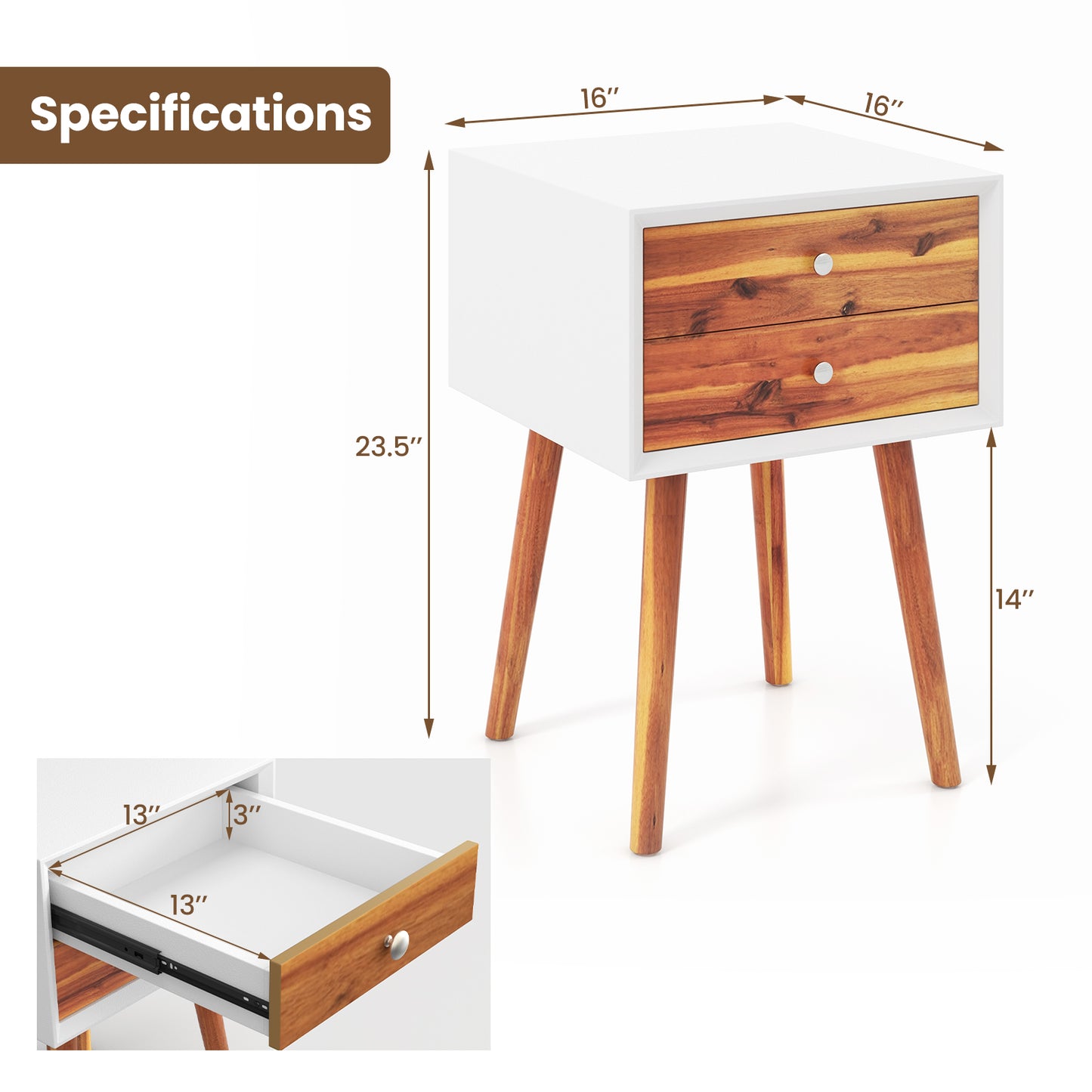Mid Century Wooden Nightstand with Two Drawers - White & Brown