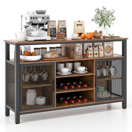 55 Inch Wine Bar Cabinet with Glass Holders, 8 Bottle Rack and Storage Shelves - Rustic Brown