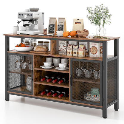 55 Inch Wine Bar Cabinet with Glass Holders, 8 Bottle Rack and Storage Shelves - Rustic Brown