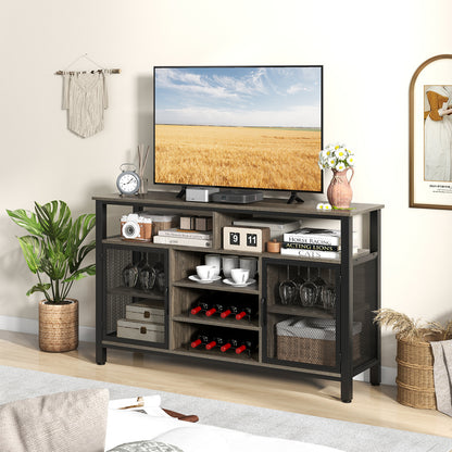 55 Inch Wine Bar Cabinet with Glass Holders, 8 Bottle Rack and Storage Shelves - Grey