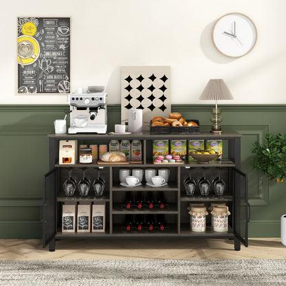 55 Inch Wine Bar Cabinet with Glass Holders, 8 Bottle Rack and Storage Shelves - Grey