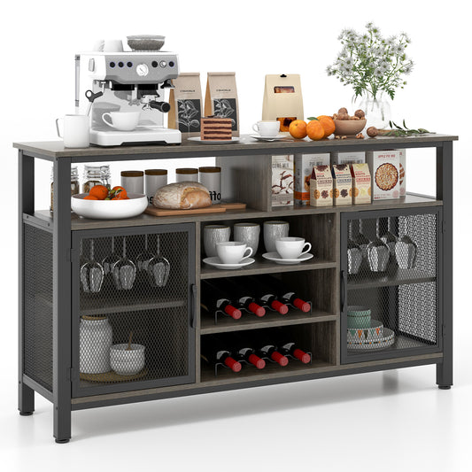 55 Inch Wine Bar Cabinet with Glass Holders, 8 Bottle Rack and Storage Shelves - Grey