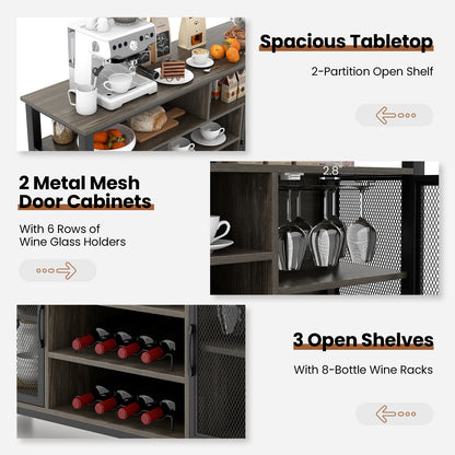 55 Inch Wine Bar Cabinet with Glass Holders, 8 Bottle Rack and Storage Shelves - Grey