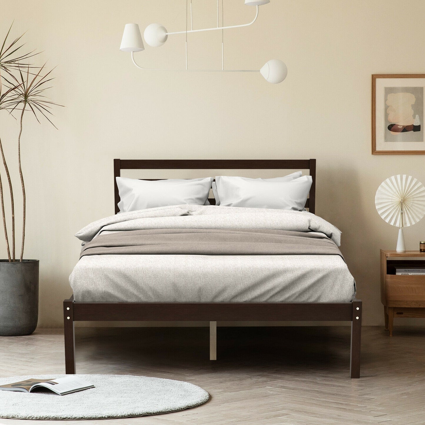 Stylish Wooden Bed Frame with Headboard and Plywood Slat Support - Full Size