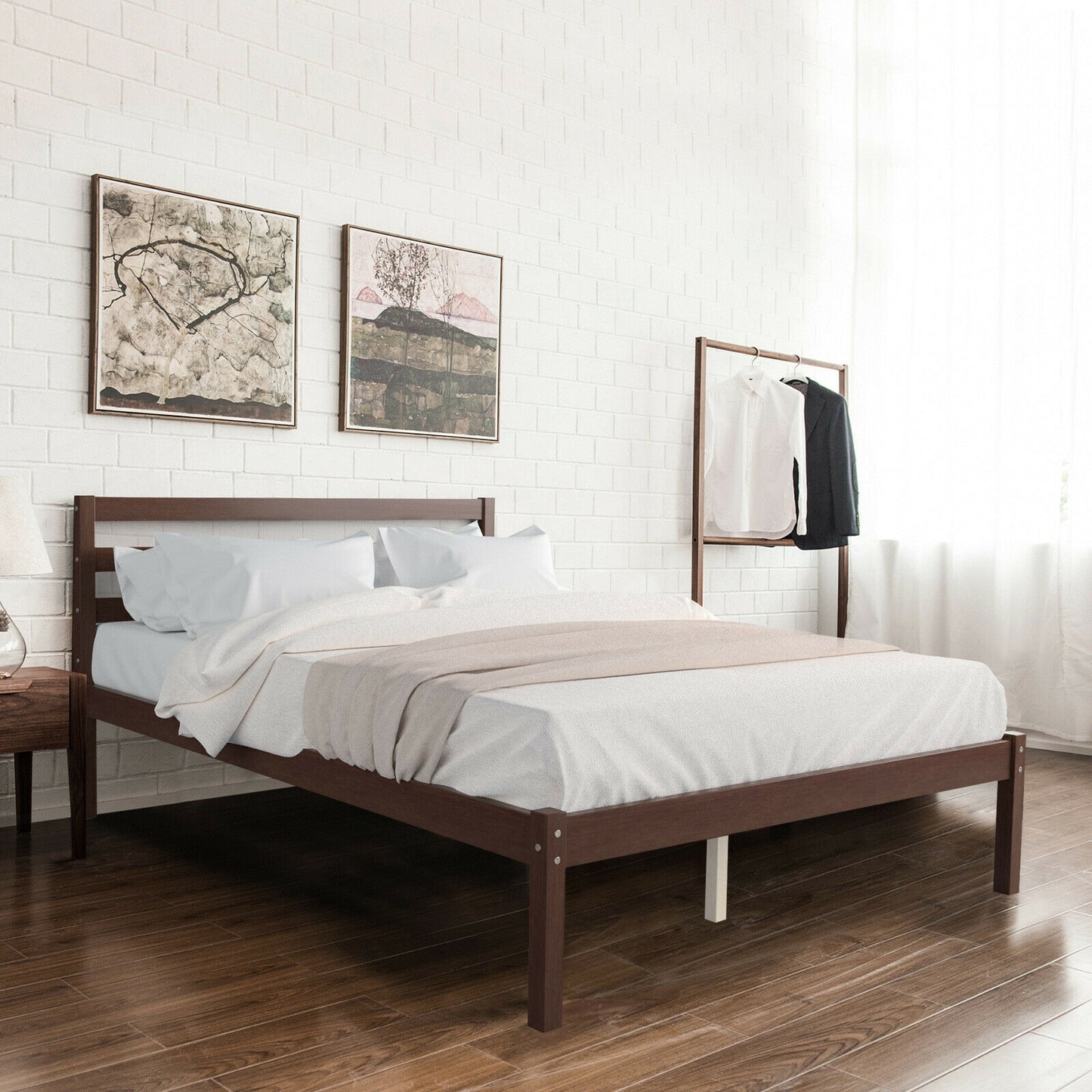 Stylish Wooden Bed Frame with Headboard and Plywood Slat Support - Full Size