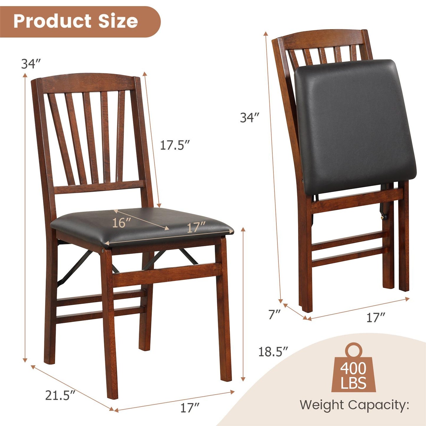 Pair of Folding Chairs with Padded Seat and Sturdy Rubber Wood Frame for Compact Storage