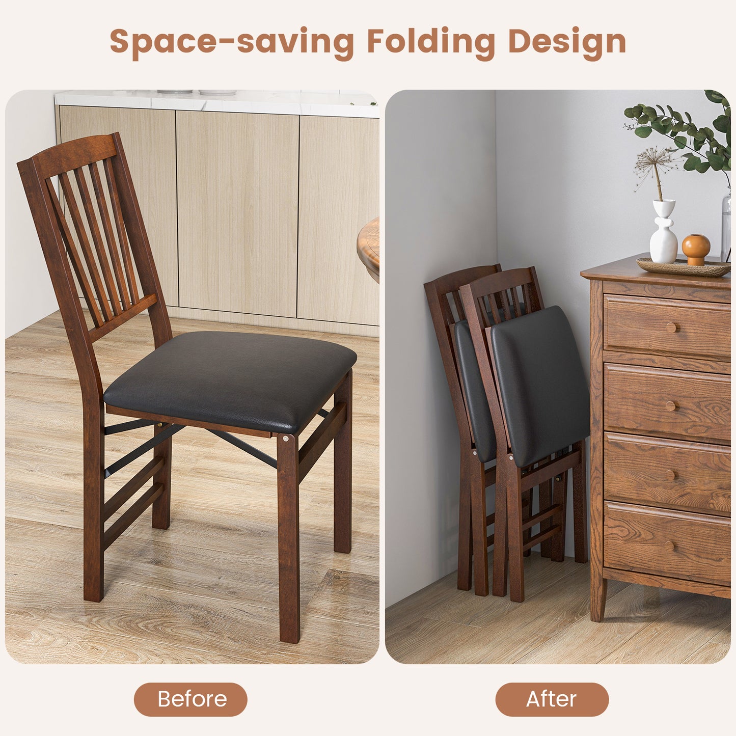 Pair of Folding Chairs with Padded Seat and Sturdy Rubber Wood Frame for Compact Storage