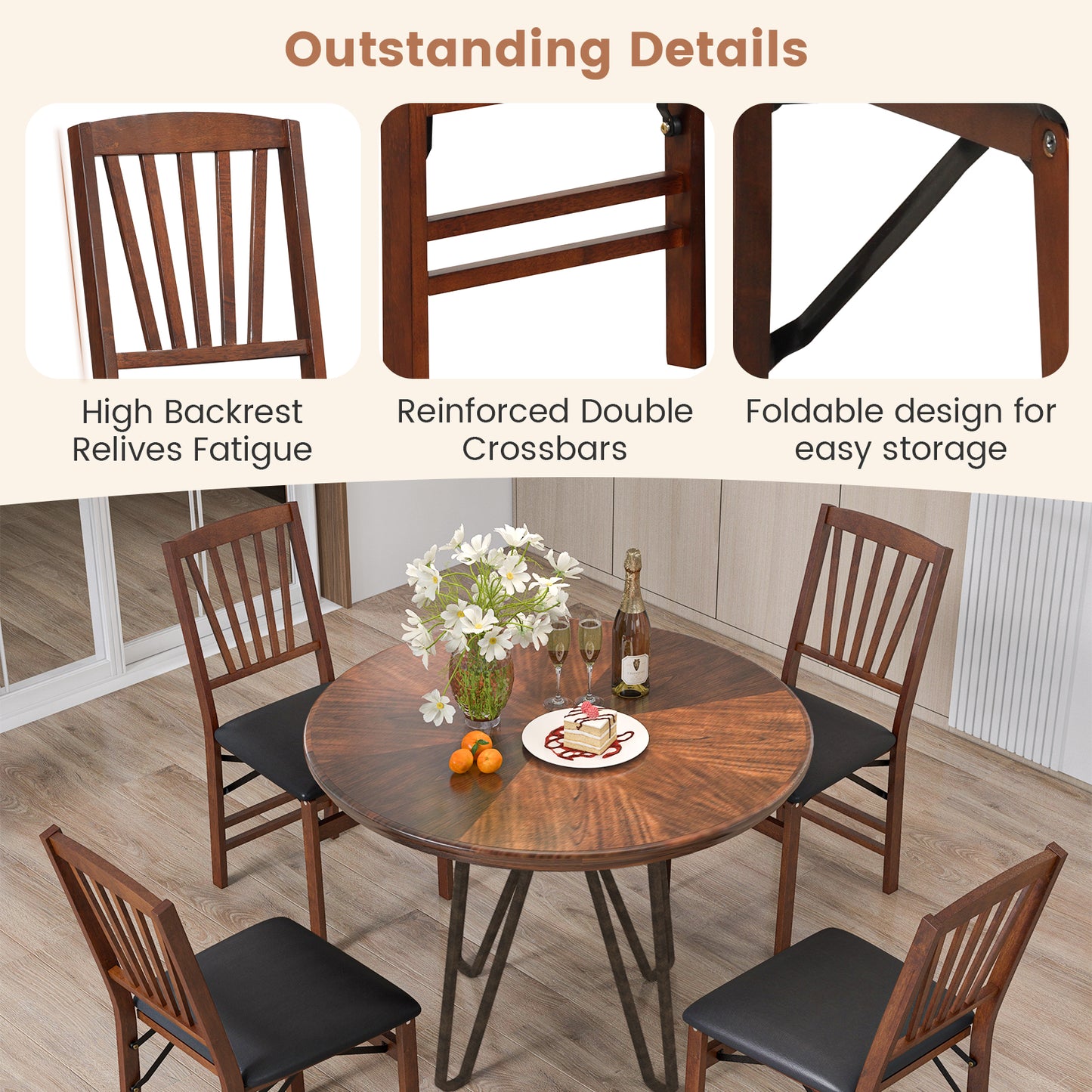 Pair of Folding Chairs with Padded Seat and Sturdy Rubber Wood Frame for Compact Storage