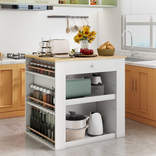 Kitchen Island with Spacious Storage Drawers, Cabinets, and Spice Racks