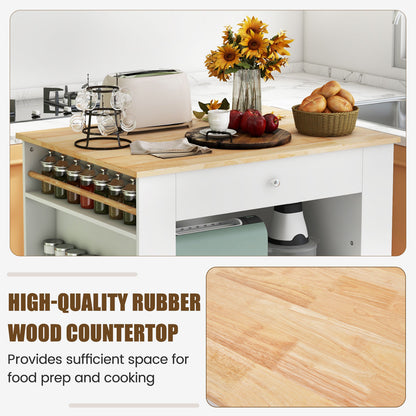 Kitchen Island with Spacious Storage Drawers, Cabinets, and Spice Racks