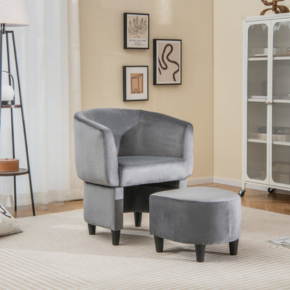 Velvet Barrel Accent Chair with Ottoman and Curved Backrest, Grey