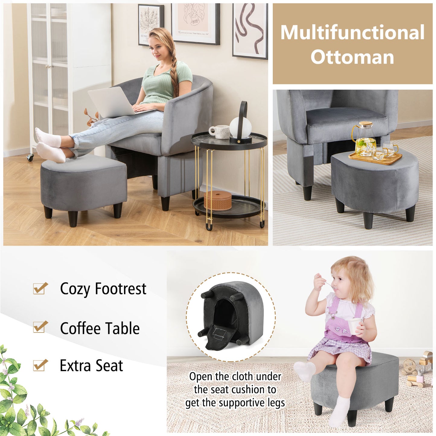 Velvet Barrel Accent Chair with Ottoman and Curved Backrest, Grey