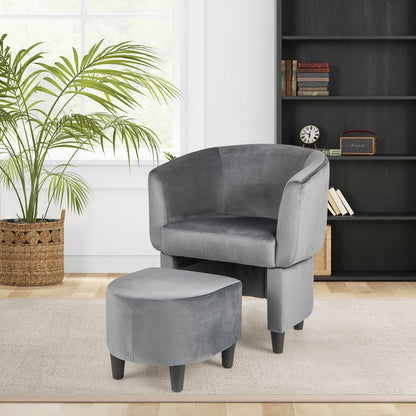 Velvet Barrel Accent Chair with Ottoman and Curved Backrest, Grey