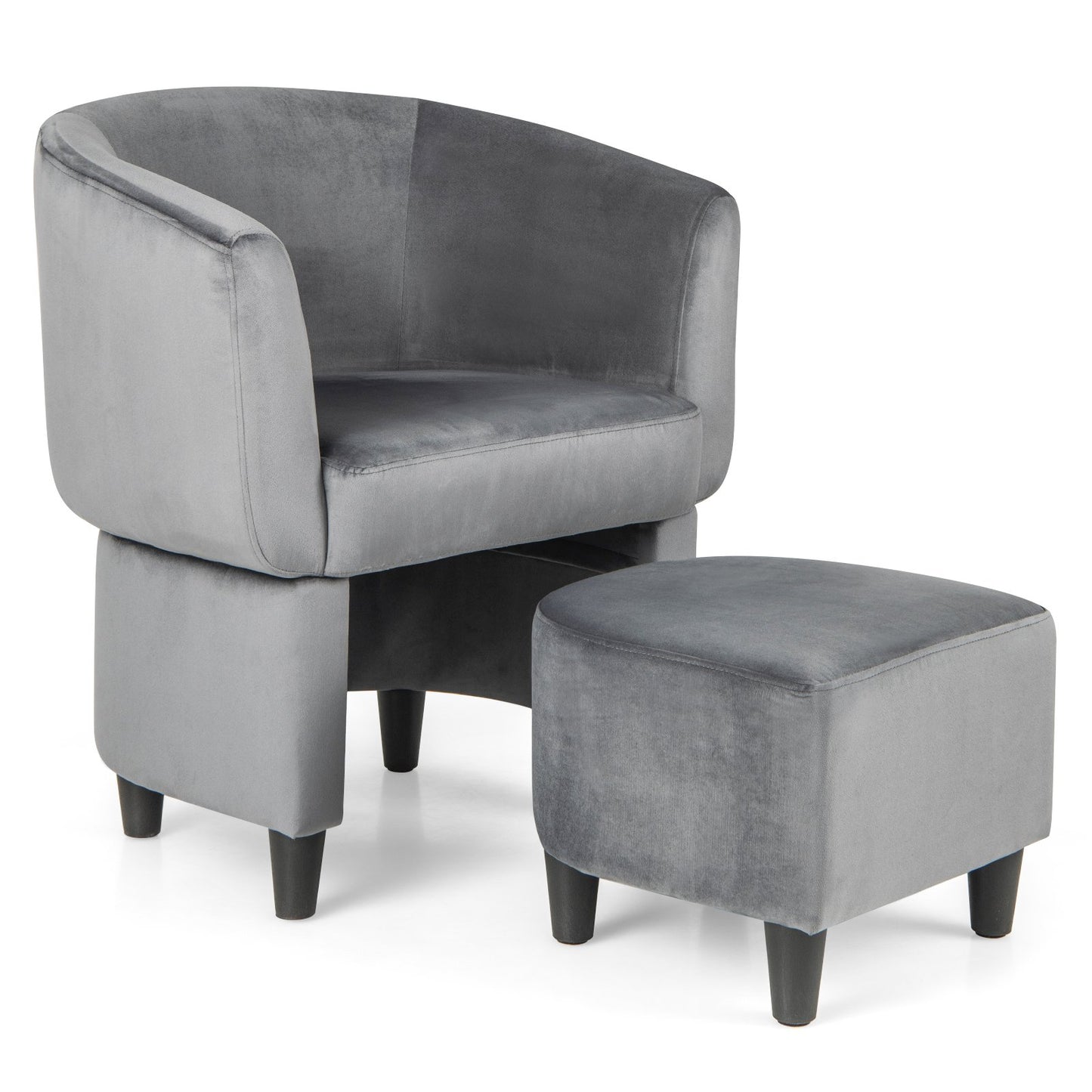 Velvet Barrel Accent Chair with Ottoman and Curved Backrest, Grey