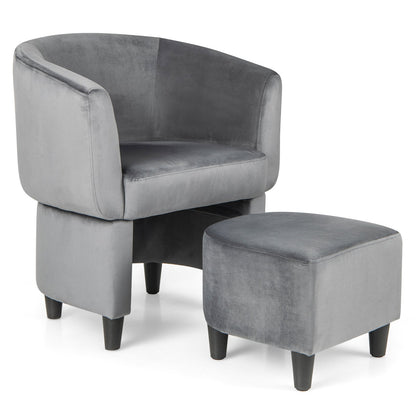 Velvet Barrel Accent Chair with Ottoman and Curved Backrest, Grey