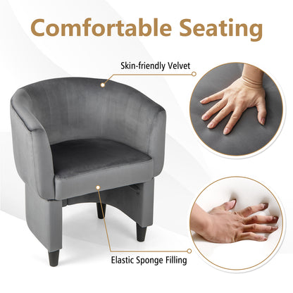 Velvet Barrel Accent Chair with Ottoman and Curved Backrest, Grey