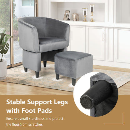 Velvet Barrel Accent Chair with Ottoman and Curved Backrest, Grey