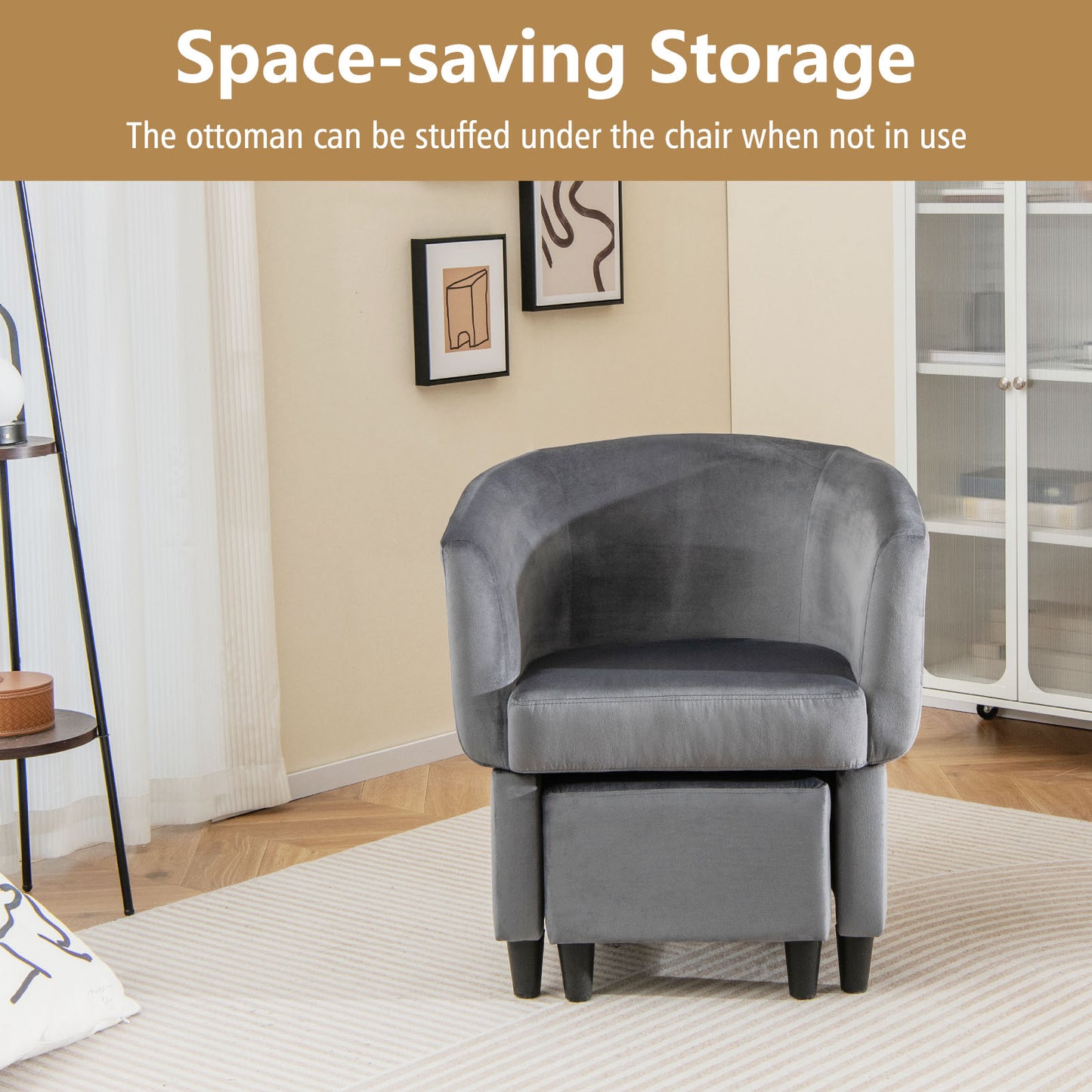 Velvet Barrel Accent Chair with Ottoman and Curved Backrest, Grey