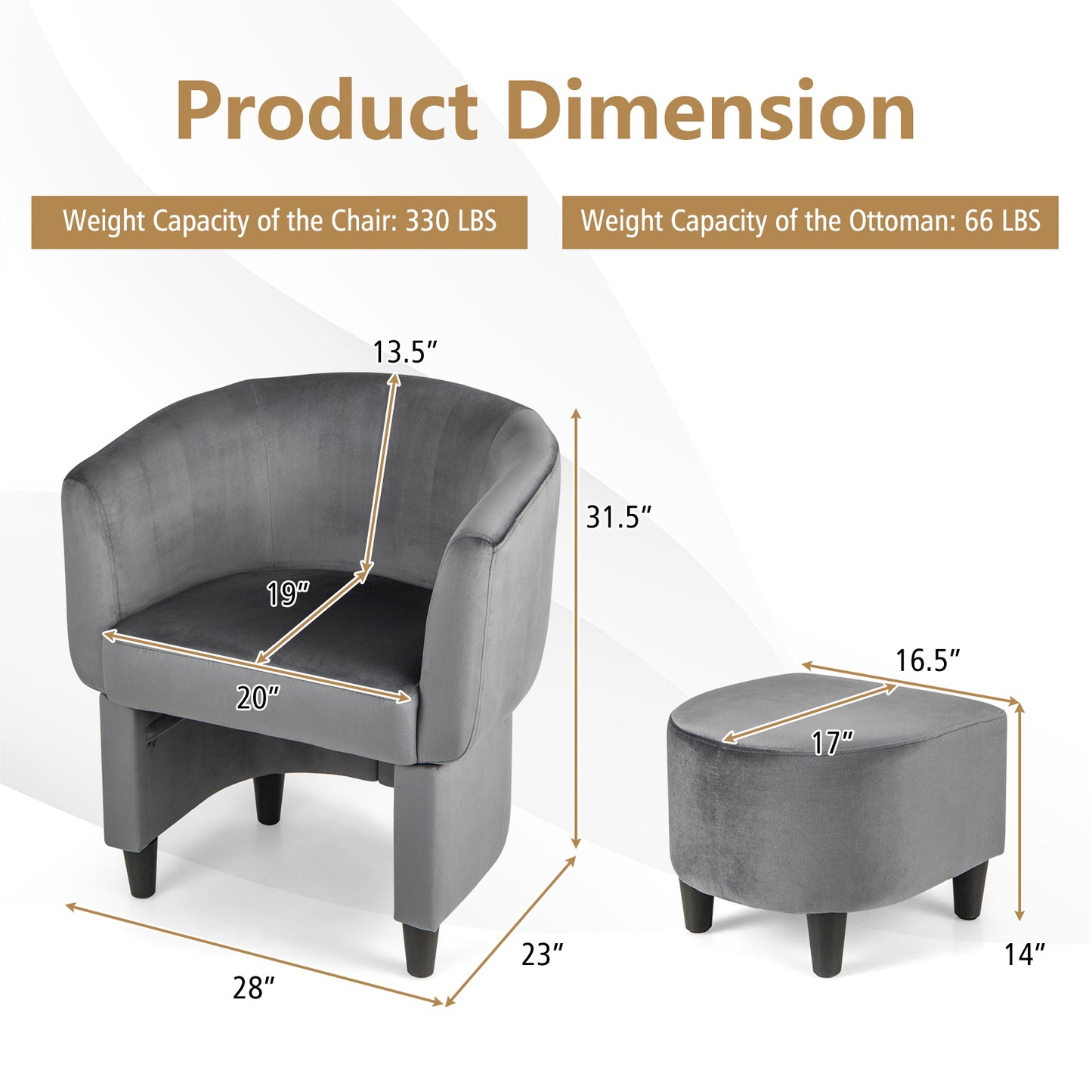Velvet Barrel Accent Chair with Ottoman and Curved Backrest, Grey
