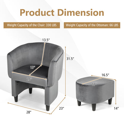 Velvet Barrel Accent Chair with Ottoman and Curved Backrest, Grey