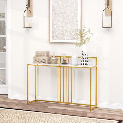 Slim Faux Marble Console Table with Gold Frame and Raised Edge - White