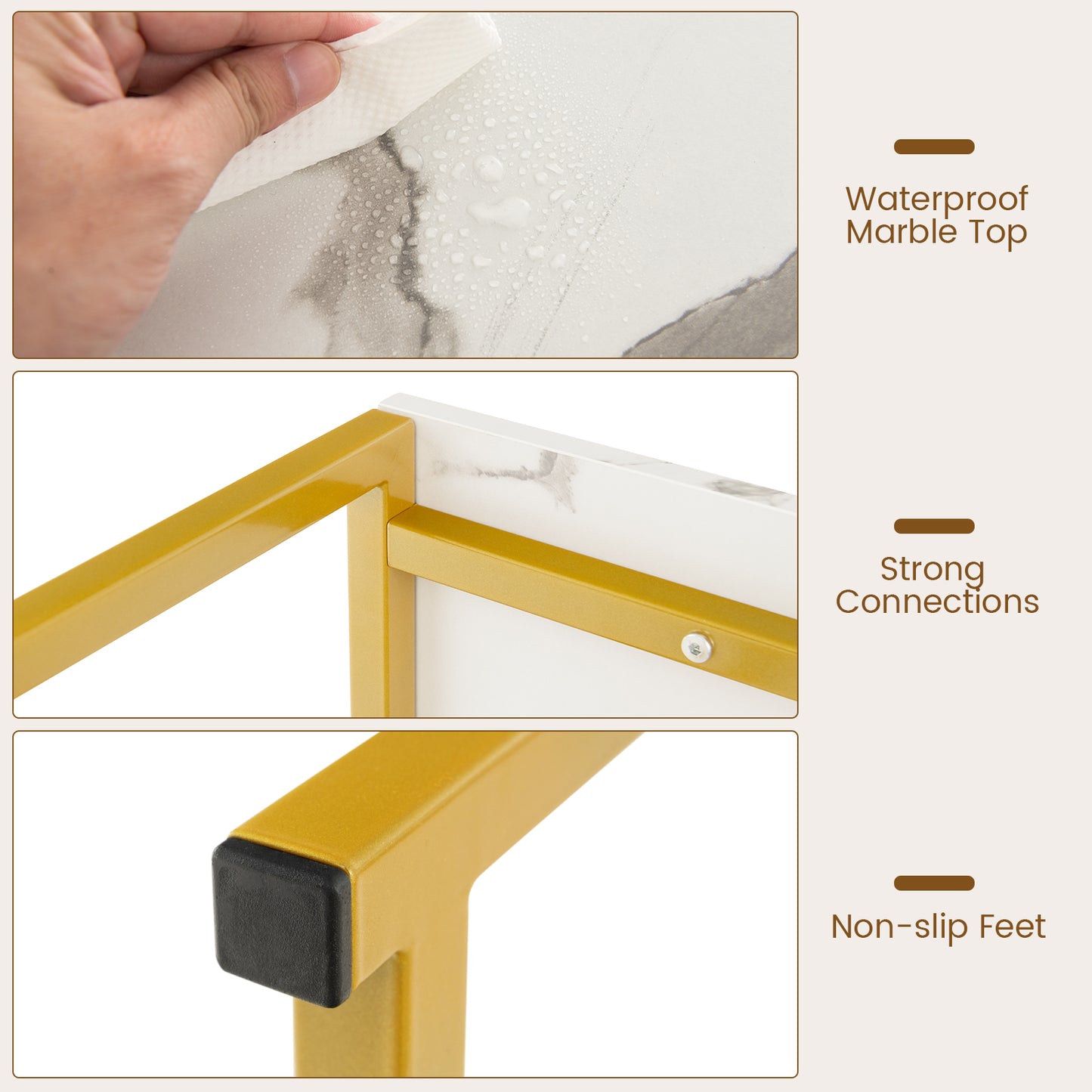 Slim Faux Marble Console Table with Gold Frame and Raised Edge - White