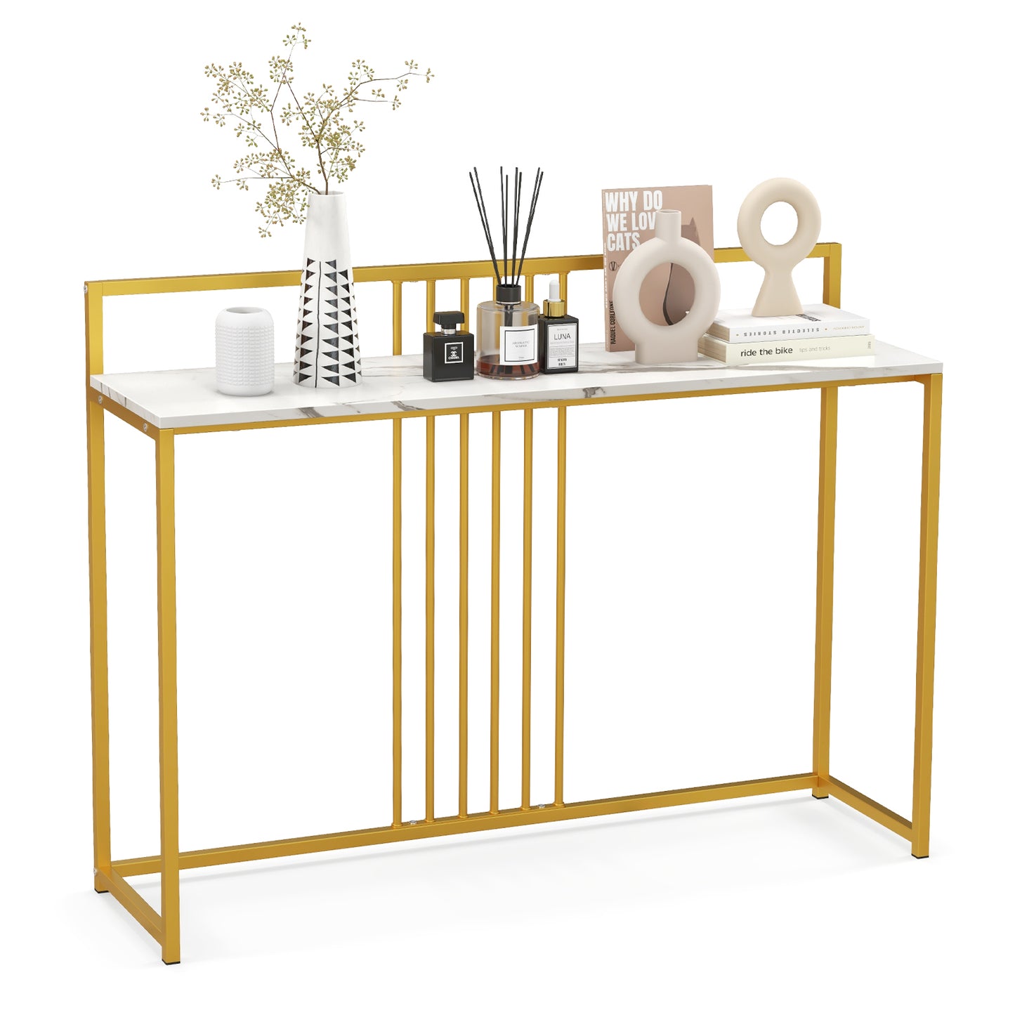 Slim Faux Marble Console Table with Gold Frame and Raised Edge - White