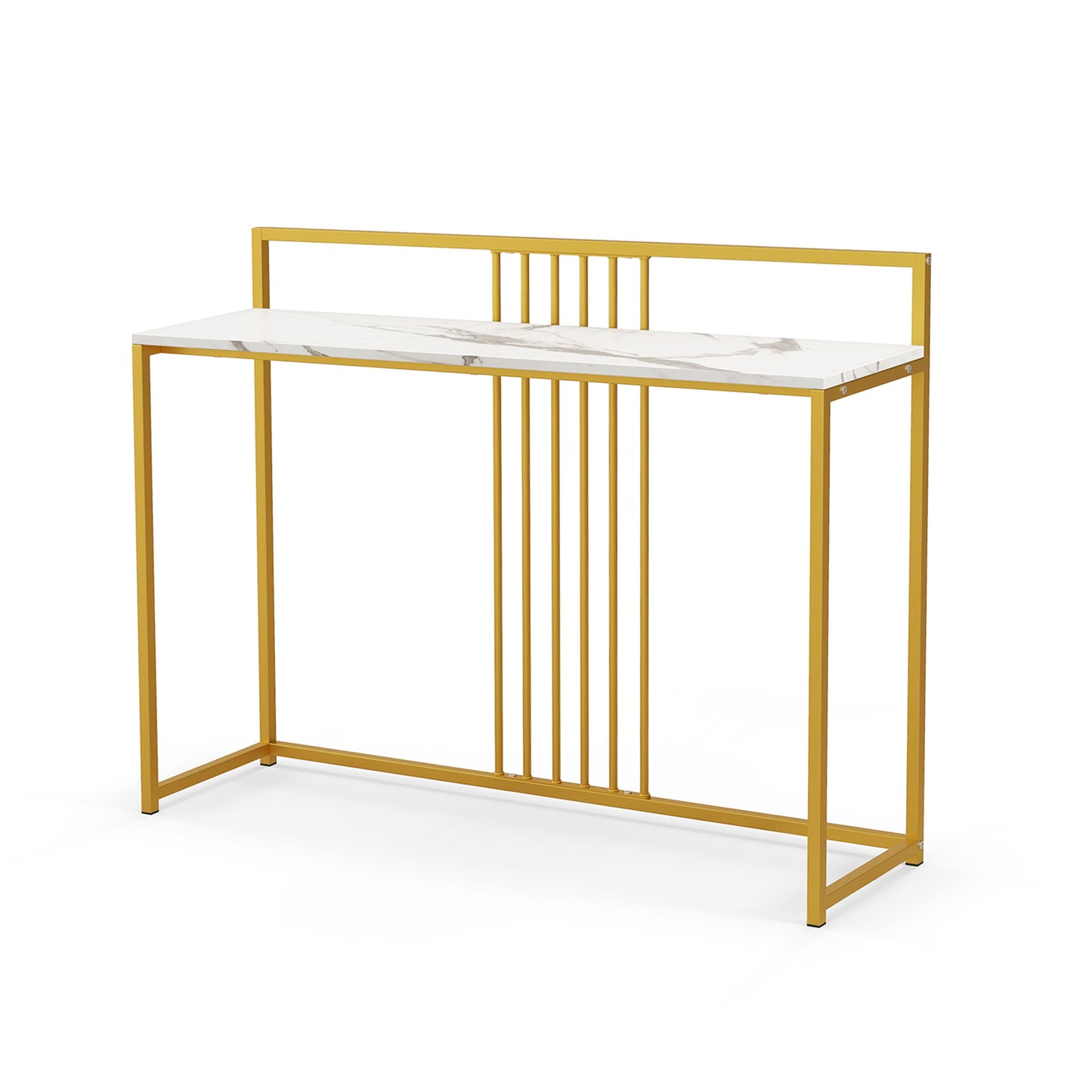 Slim Faux Marble Console Table with Gold Frame and Raised Edge - White