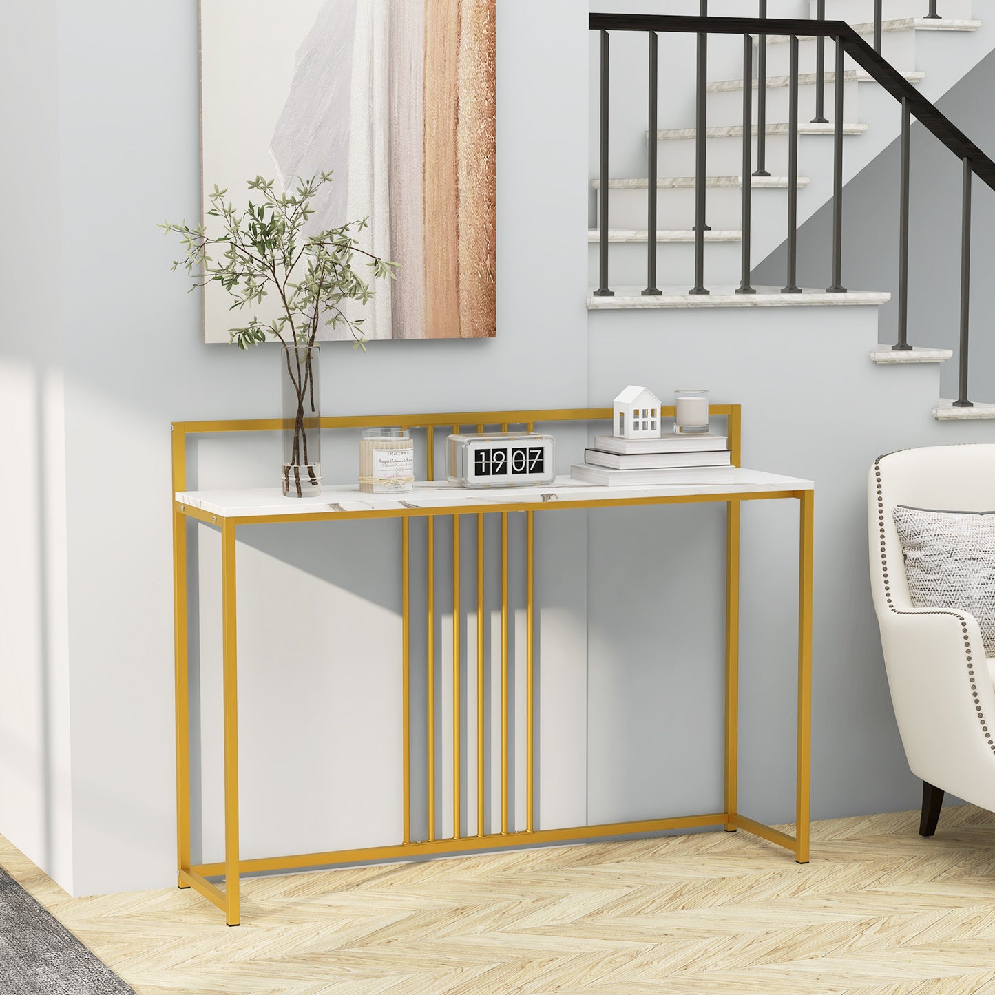 Slim Faux Marble Console Table with Gold Frame and Raised Edge - White