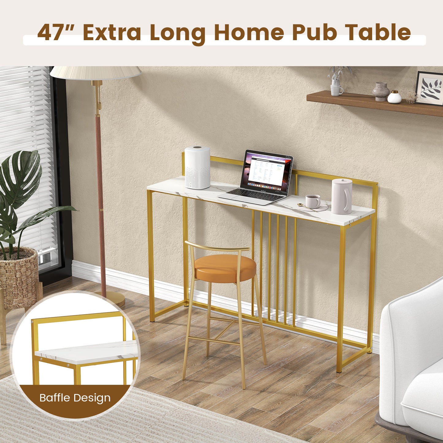 Slim Faux Marble Console Table with Gold Frame and Raised Edge - White