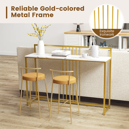 Slim Faux Marble Console Table with Gold Frame and Raised Edge - White