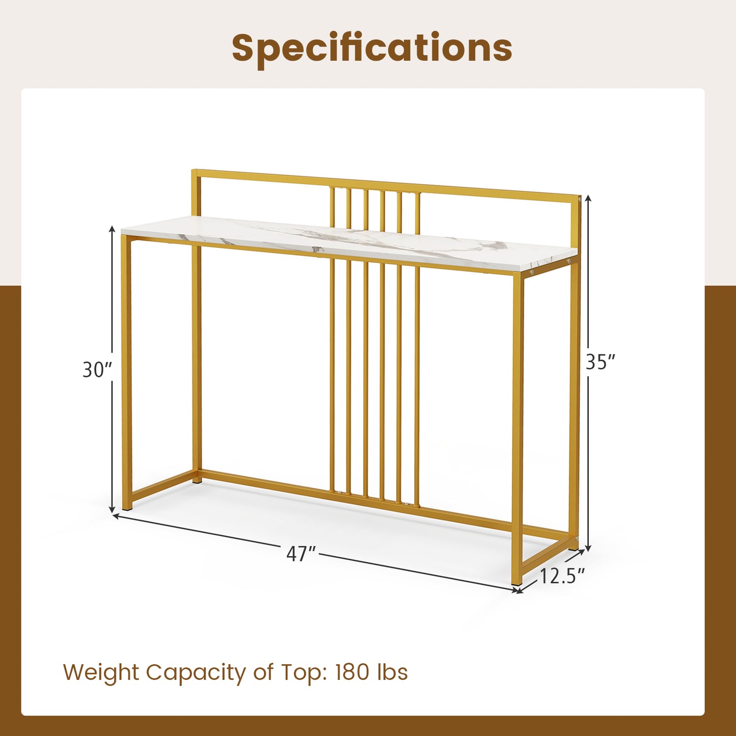 Slim Faux Marble Console Table with Gold Frame and Raised Edge - White