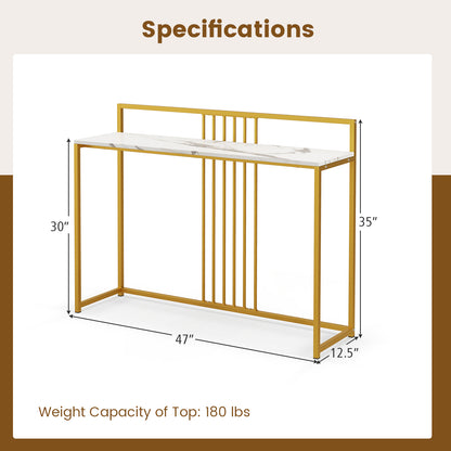 Slim Faux Marble Console Table with Gold Frame and Raised Edge - White