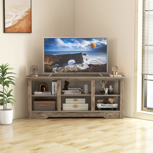 58 Inch TV Console with Adjustable Shelf and 6 Storage Compartments for TVs up to 65 Inches - Grey