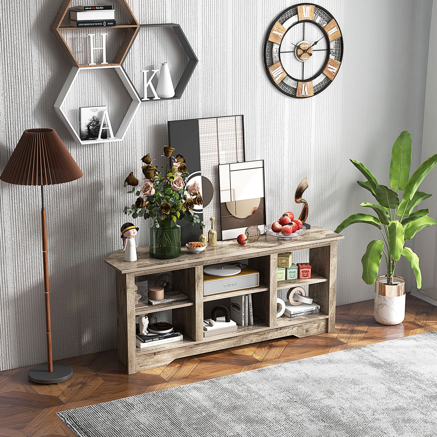 58 Inch TV Console with Adjustable Shelf and 6 Storage Compartments for TVs up to 65 Inches - Grey
