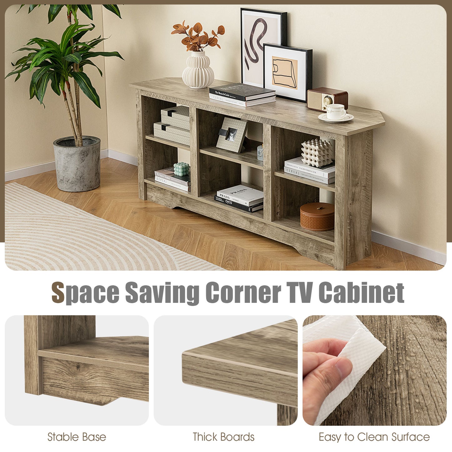 58 Inch TV Console with Adjustable Shelf and 6 Storage Compartments for TVs up to 65 Inches - Grey