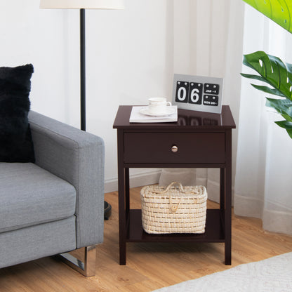 Wooden Nightstand with Drawer and Storage Shelf for Bedroom & Living Room - Brown