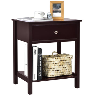 Wooden Nightstand with Drawer and Storage Shelf for Bedroom & Living Room - Brown