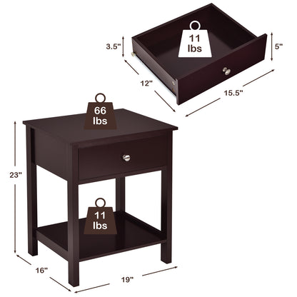 Wooden Nightstand with Drawer and Storage Shelf for Bedroom & Living Room - Brown