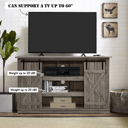 Sliding Barn Door TV Stand with Adjustable Shelves and Storage for TVs up to 60 Inches - Grey