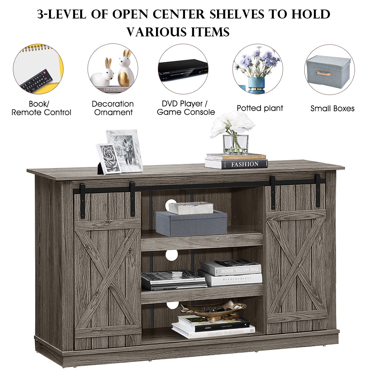 Sliding Barn Door TV Stand with Adjustable Shelves and Storage for TVs up to 60 Inches - Grey