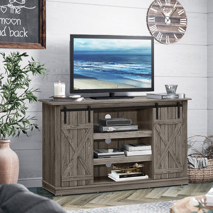 Sliding Barn Door TV Stand with Adjustable Shelves and Storage for TVs up to 60 Inches - Grey